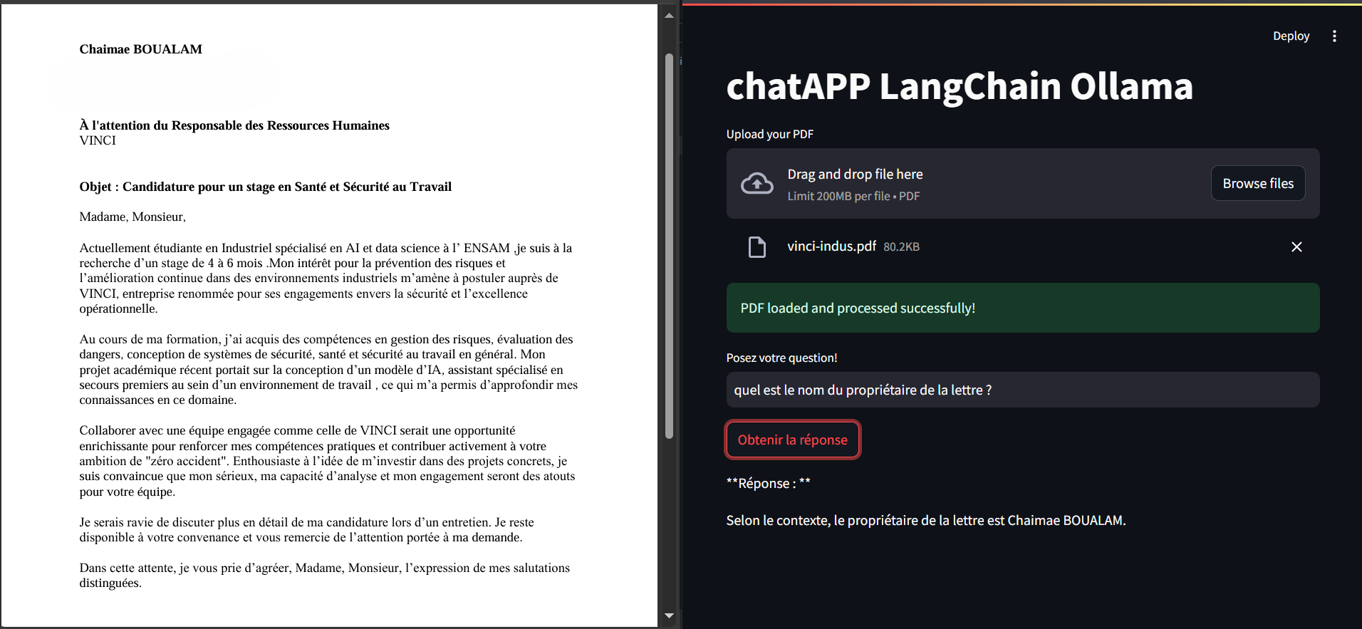 Interface displaying response for contextual questions