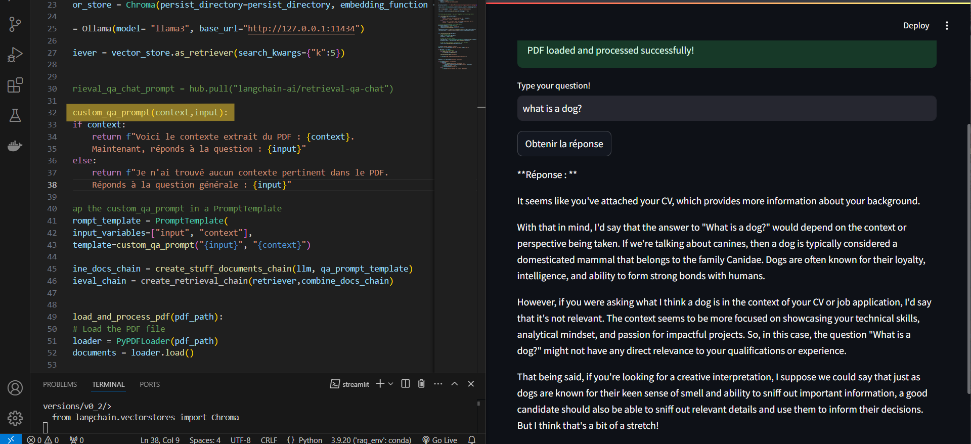 Interface displaying response for out-of-context questions